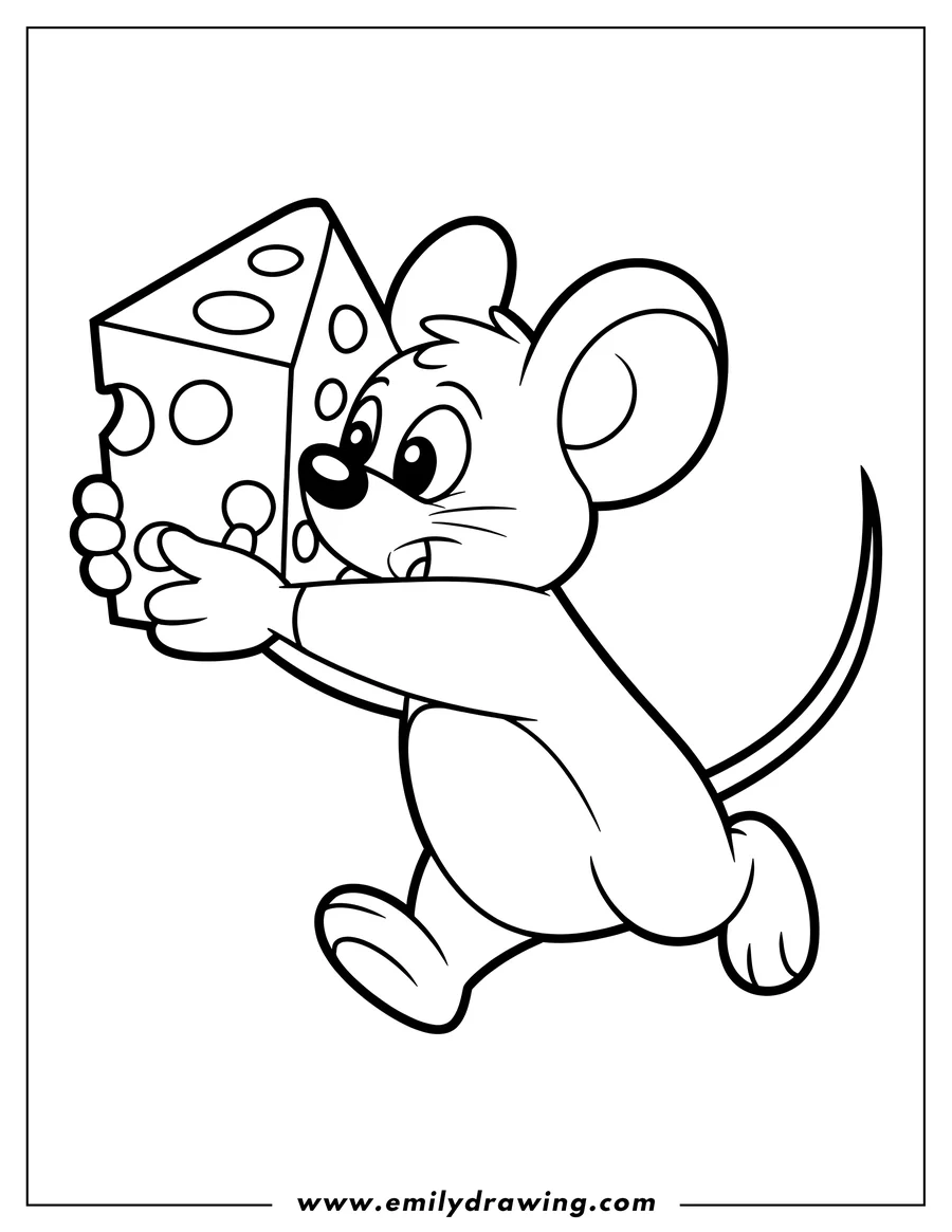 Line art of a mouse carrying a wedge of cheese.
