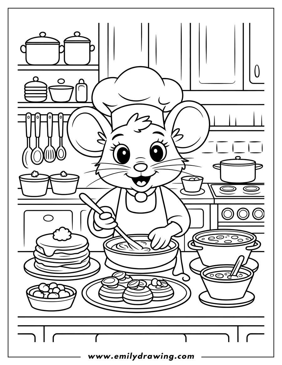 Outline of a cheerful mouse chef in a kitchen, stirring a bowl of batter with a spoon.  There are pancakes, fruit, and other food items on the counter around the mouse.