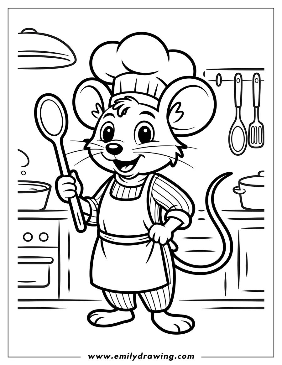 Line art of a cheerful mouse chef standing in a kitchen, wearing an apron and chef's hat, and holding a large spoon. A pot simmers on the stove, and utensils hang on the wall behind him.