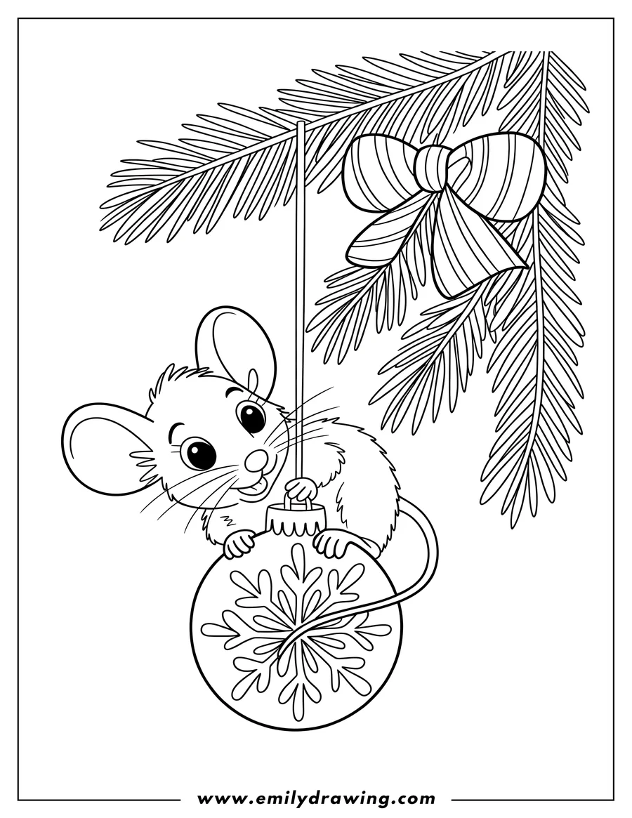 Line art of a mouse holding onto a Christmas ornament decorated with a snowflake, hanging from a fir tree branch with a bow.