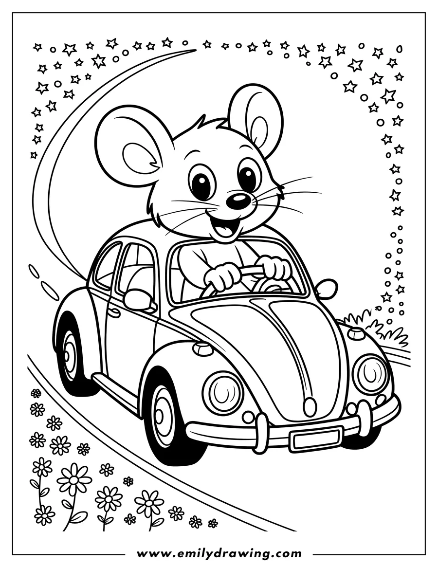 Outline of a mouse driving a car.  Flowers and stars decorate the background.