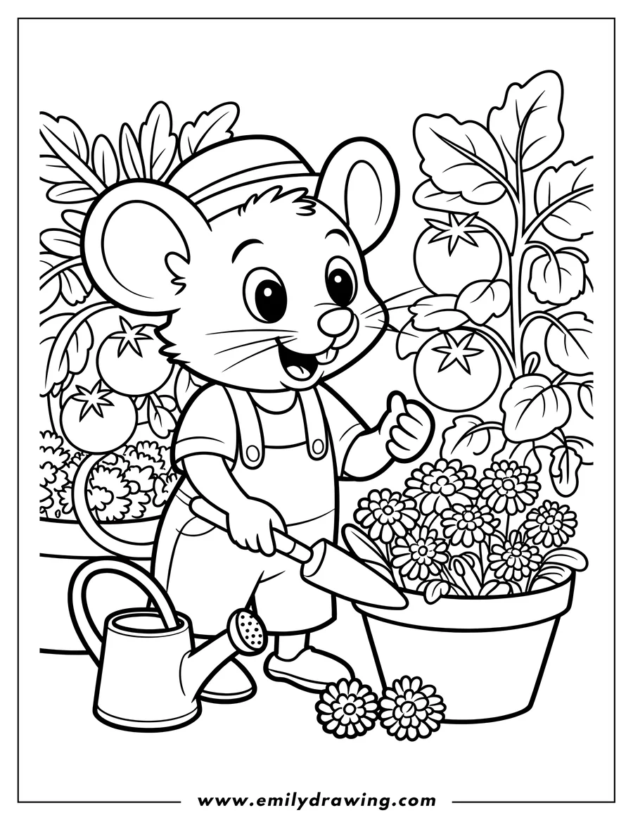Line art of a mouse wearing overalls and a hat, gardening.  They hold a trowel and are near potted flowers and a tomato plant.