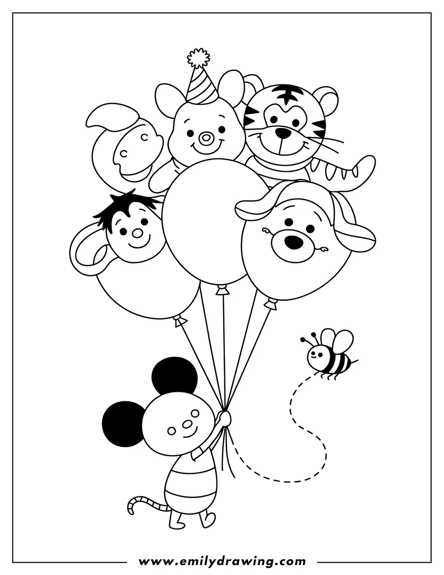 Line art of a mouse holding balloons with animal faces. A pig, tiger, bear, and monkey are on balloons. A bee flies nearby.