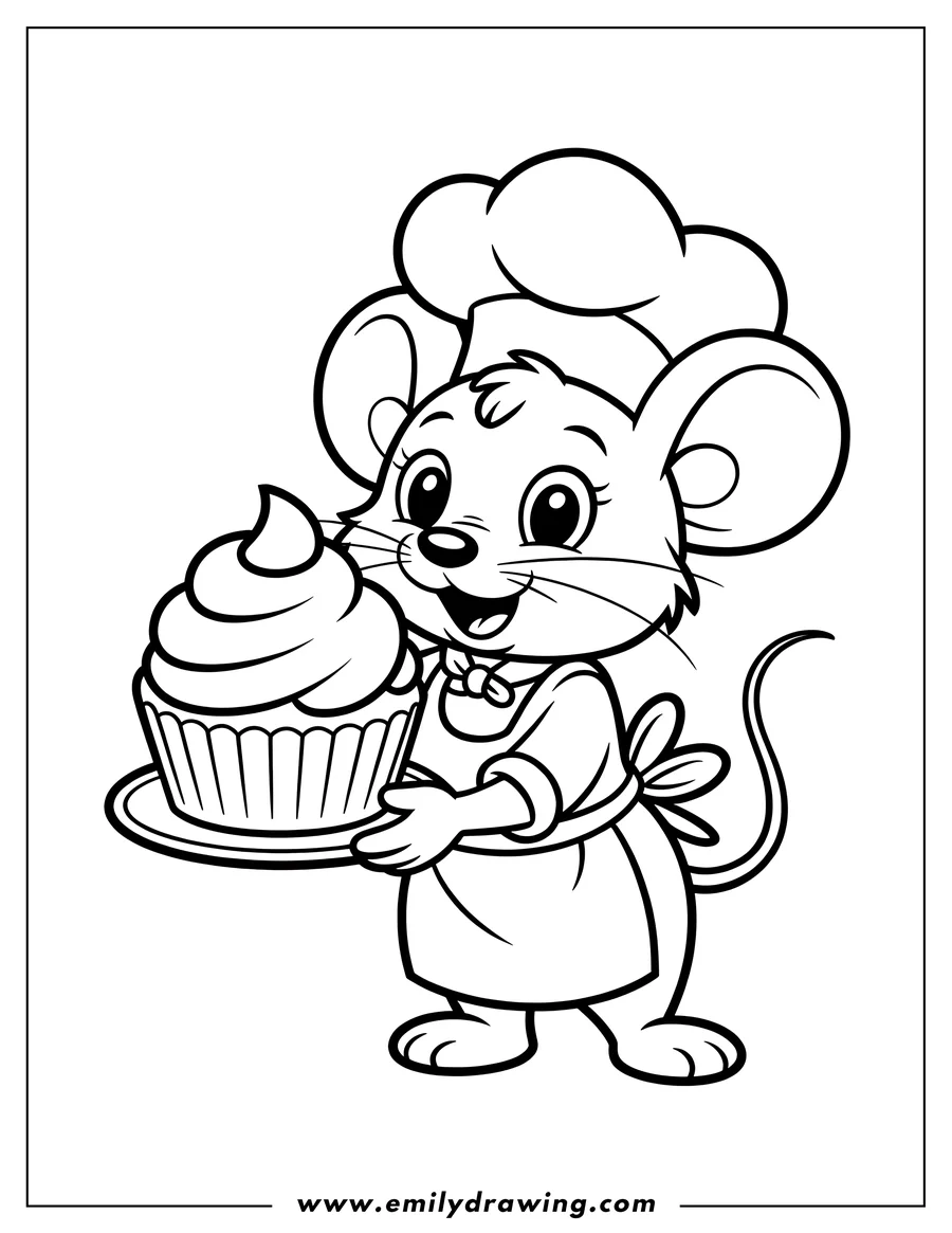 Outline of a cheerful mouse wearing a chef's hat and apron, holding a frosted cupcake on a plate.