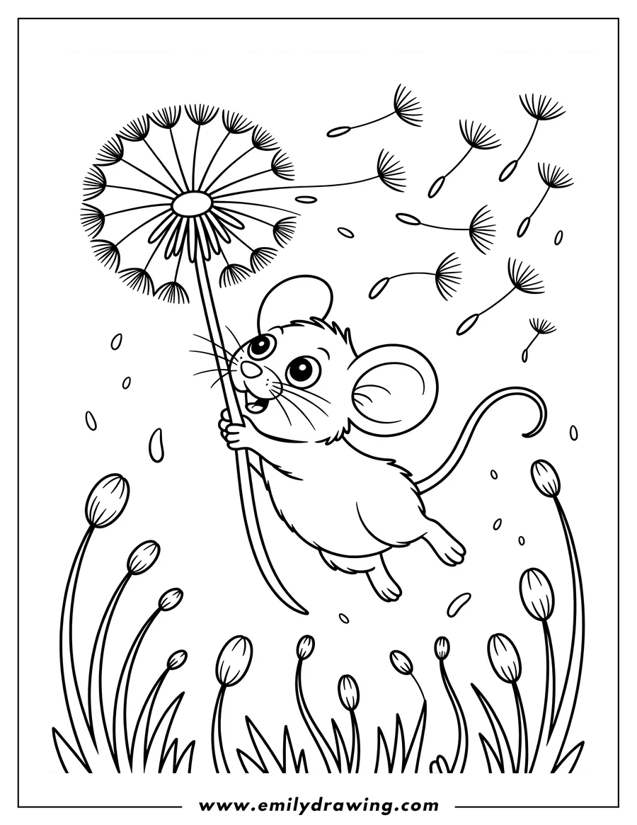 Outline of a mouse holding a dandelion with some seeds blowing in the wind.