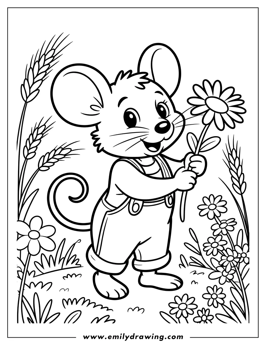Outline of a cheerful mouse holding a daisy flower, standing in a field of flowers and wheat.