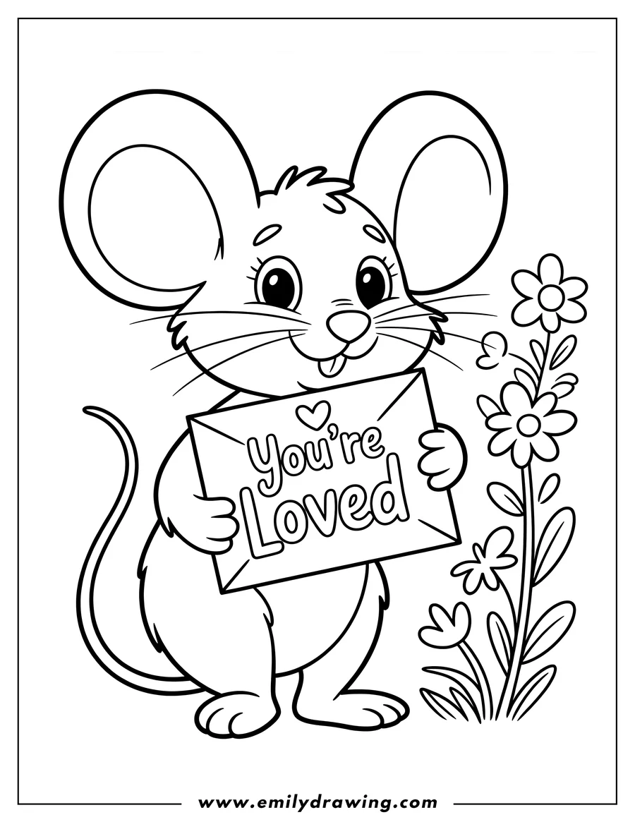 Outline of a mouse holding a sign that reads 'You're Loved' with flowers beside it.