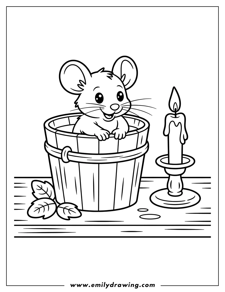 Outline of a mouse sitting in a wooden bucket with a lit candle nearby.