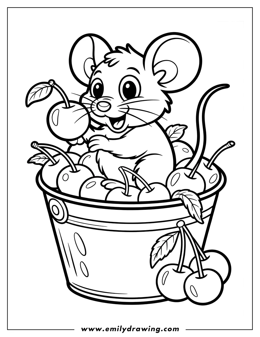Line art of a cheerful mouse sitting in a metal bucket overflowing with ripe cherries.
