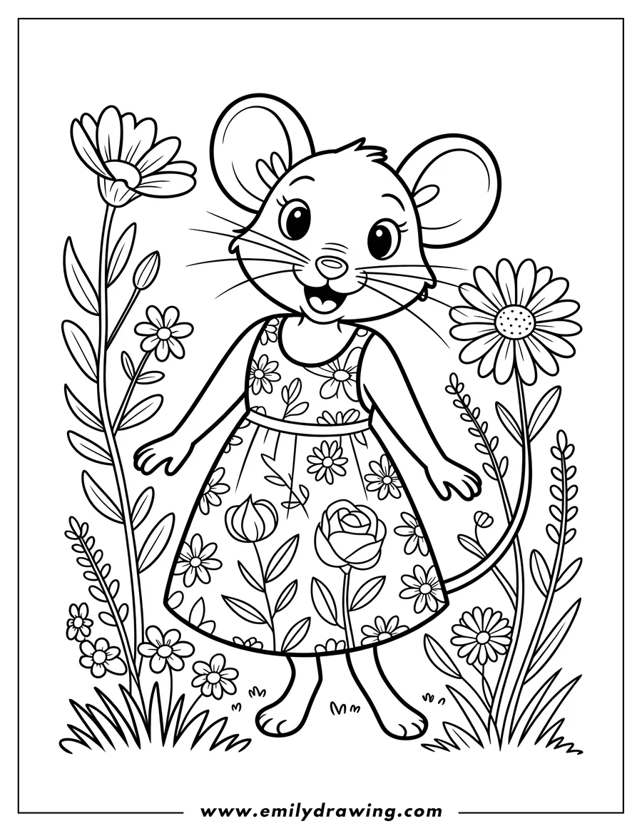 Line art of a mouse wearing a dress with a floral pattern, standing in a field of flowers.