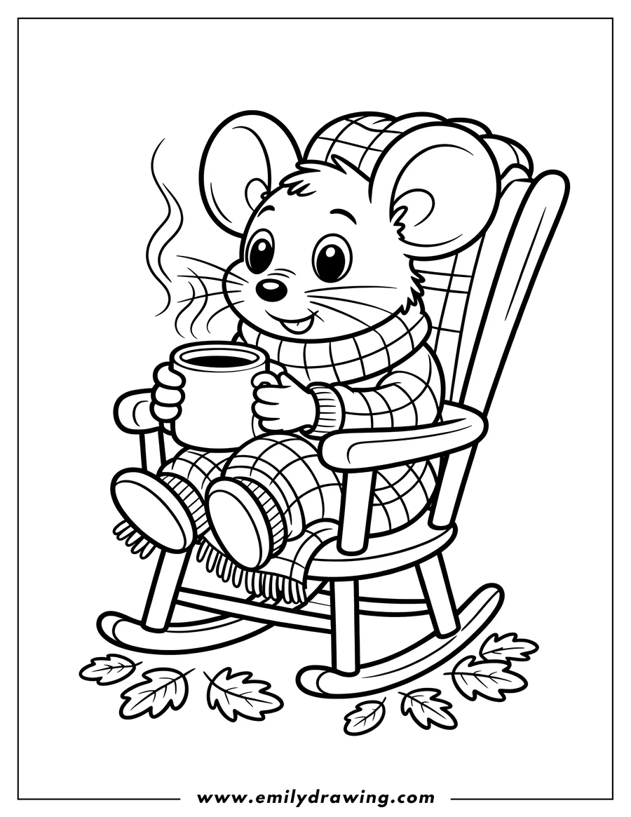 Outline of a mouse sitting in a rocking chair, holding a steaming mug and wearing a scarf and slippers, with fallen leaves around the base of the chair.