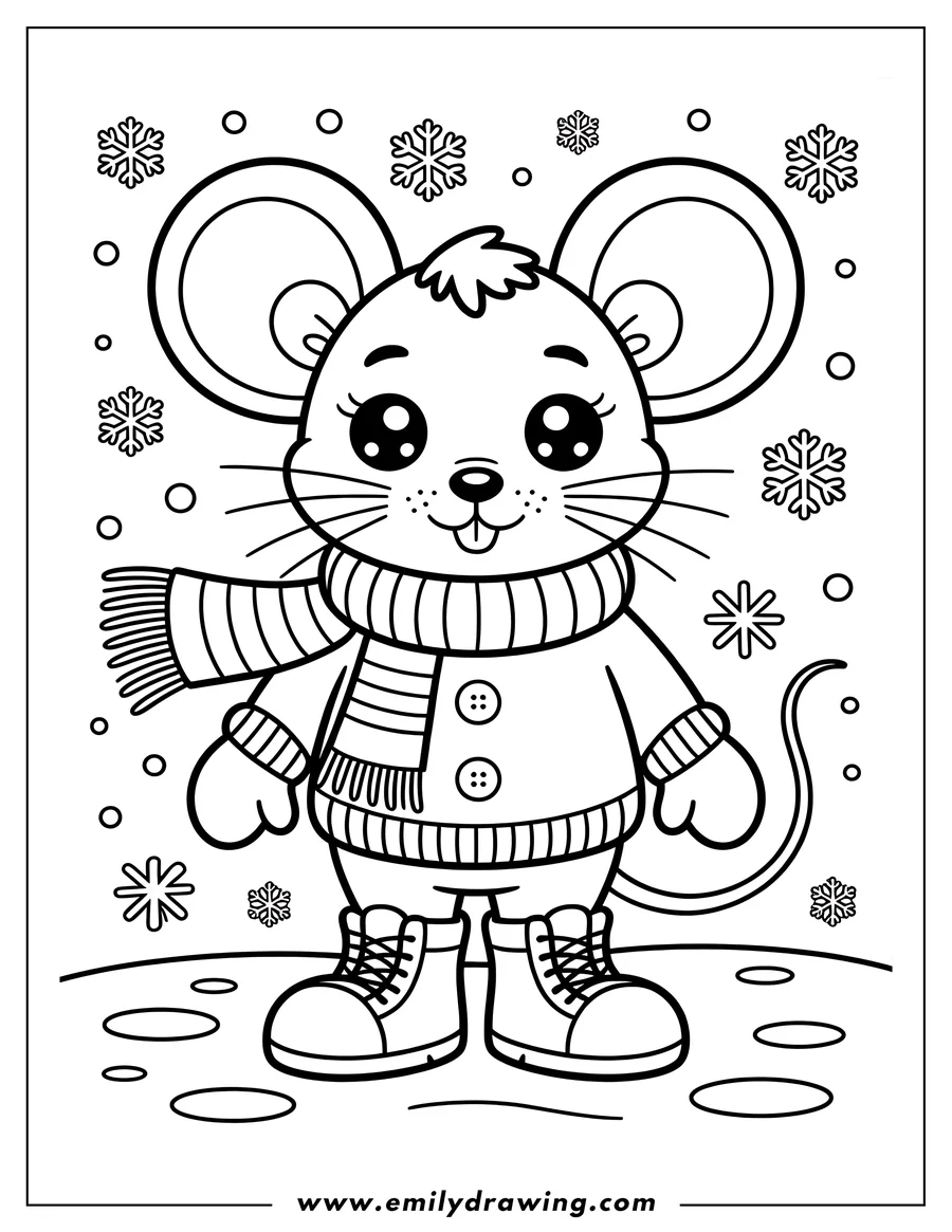 Outline of a mouse dressed in winter clothes, including a scarf, sweater, mittens, and boots. Snowflakes fall around the mouse.