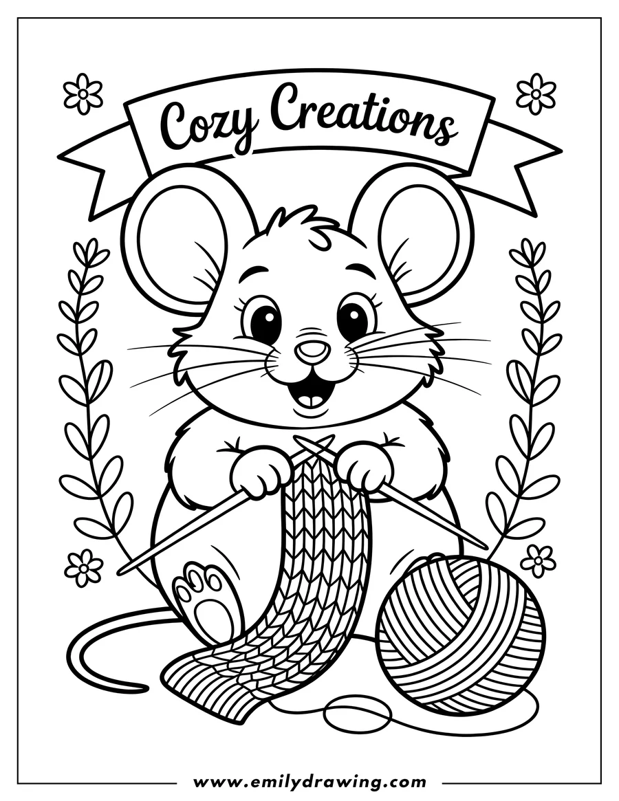 Outline of a mouse knitting a long scarf with a ball of yarn and knitting needles.