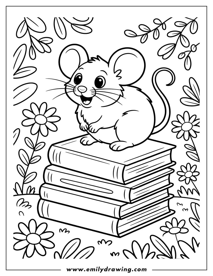 Outline of a cheerful mouse sitting on a stack of books, surrounded by flowers and leaves.