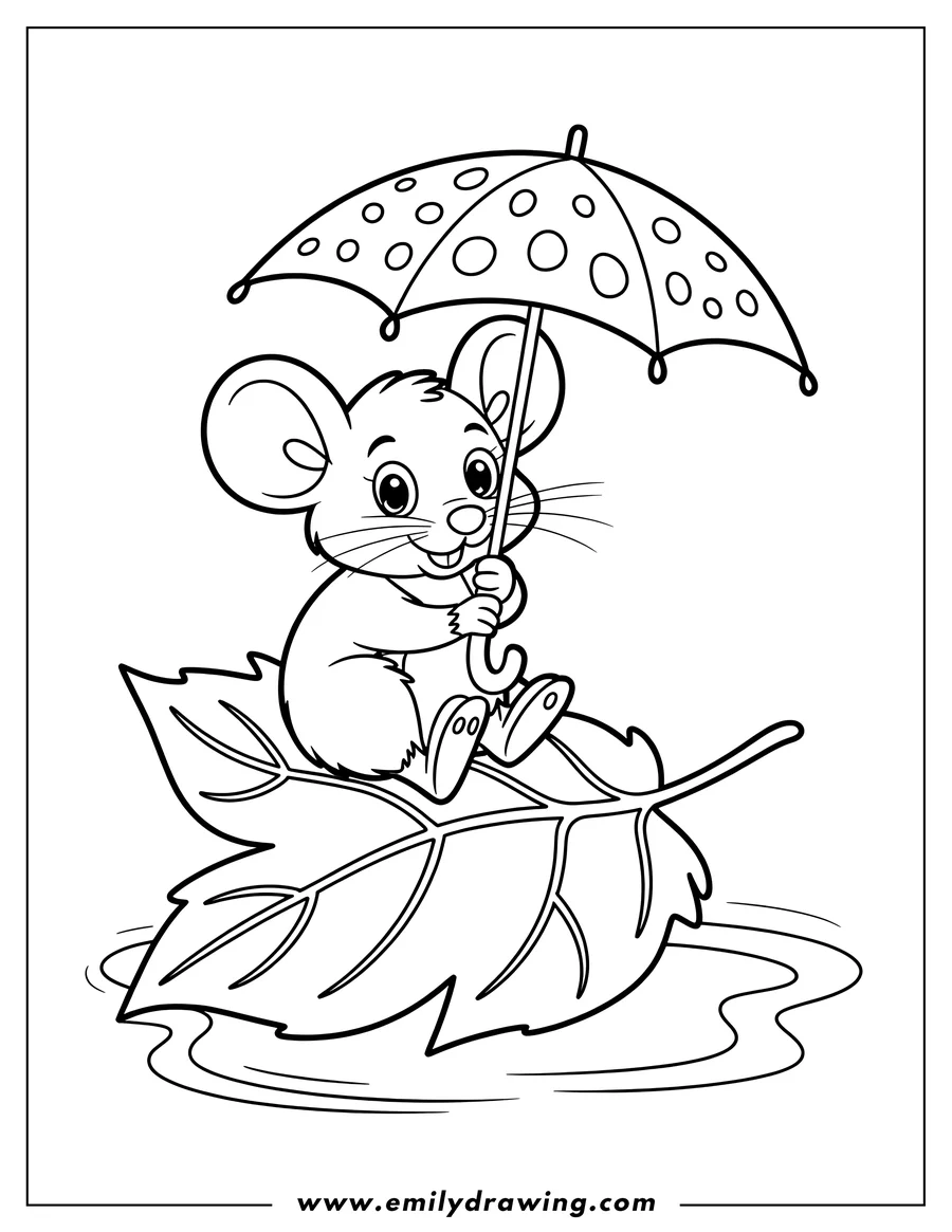 Outline of a mouse sitting on a leaf, holding a polka-dot umbrella.