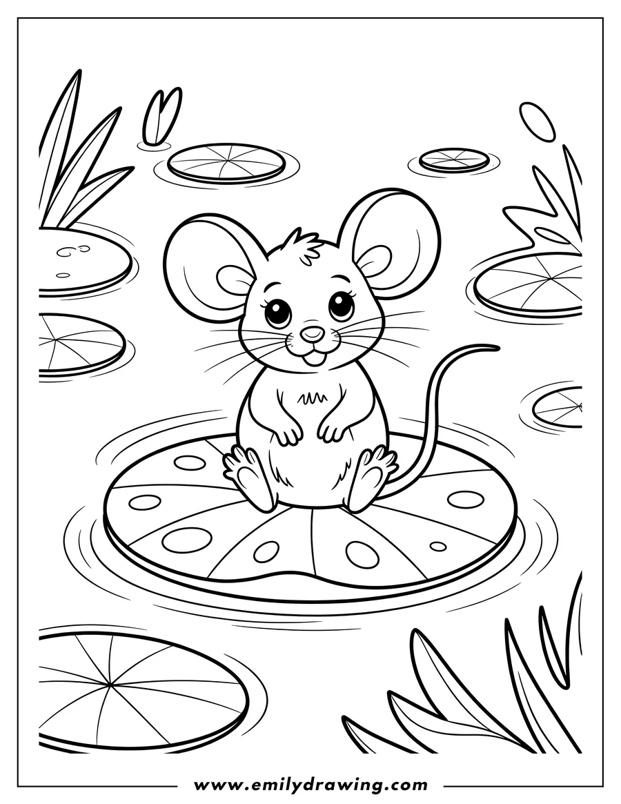 Outline of a mouse sitting on a lily pad in a pond. Surrounding the lily pad are other lily pads and some reeds.