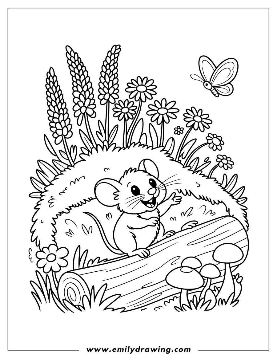 Outline of a friendly mouse standing on a log. Daisies, other flowers, and mushrooms grow nearby. A butterfly flits through the air.