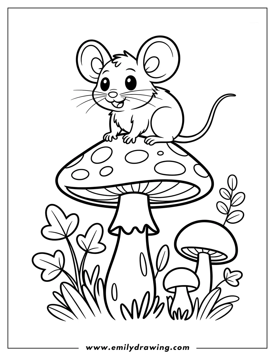 Outline of a mouse sitting on top of a large mushroom, with smaller mushrooms and leaves around the base.