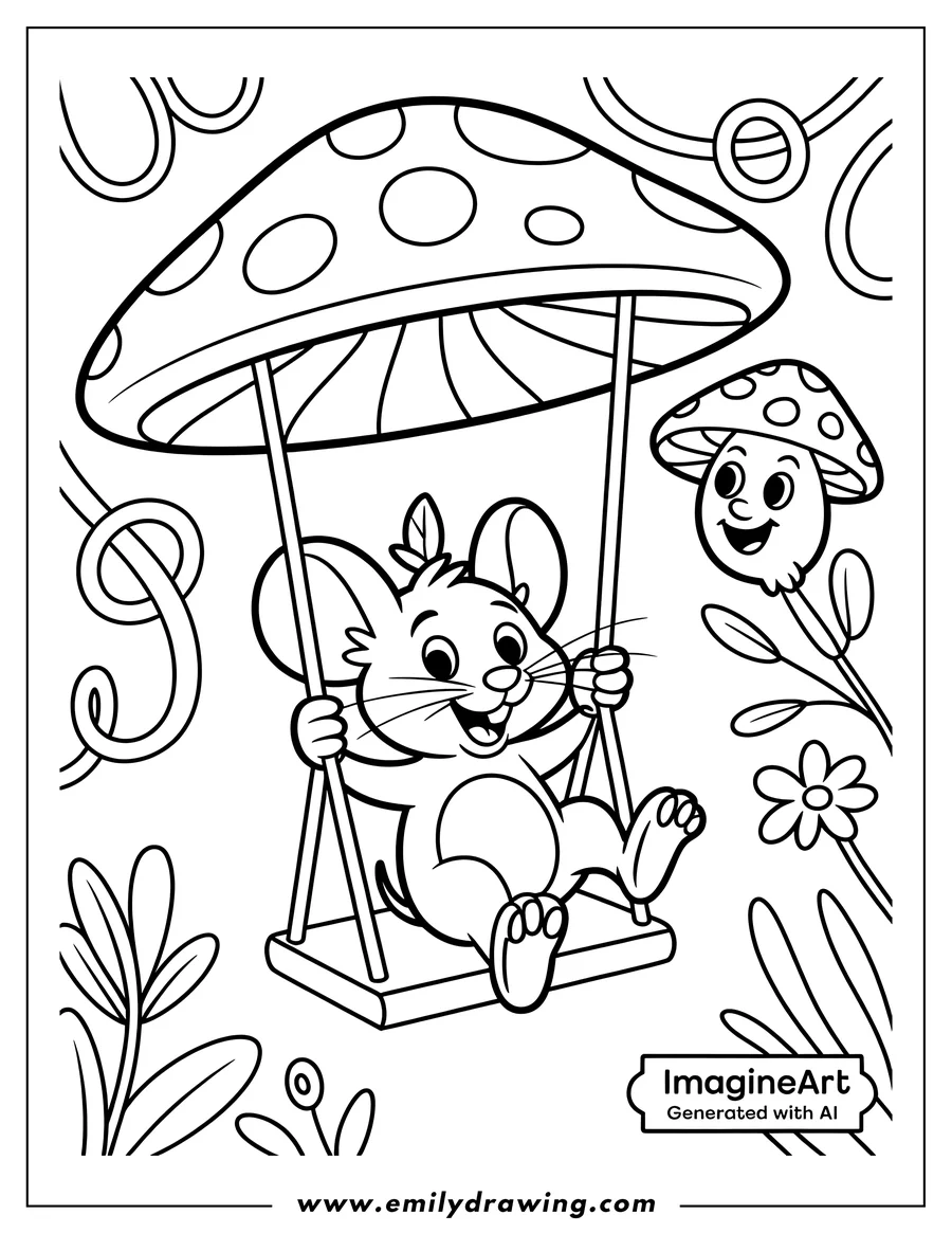 Outline of a cheerful mouse swinging on a swing made from a large spotted mushroom. Another smaller mushroom with a friendly face looks on.