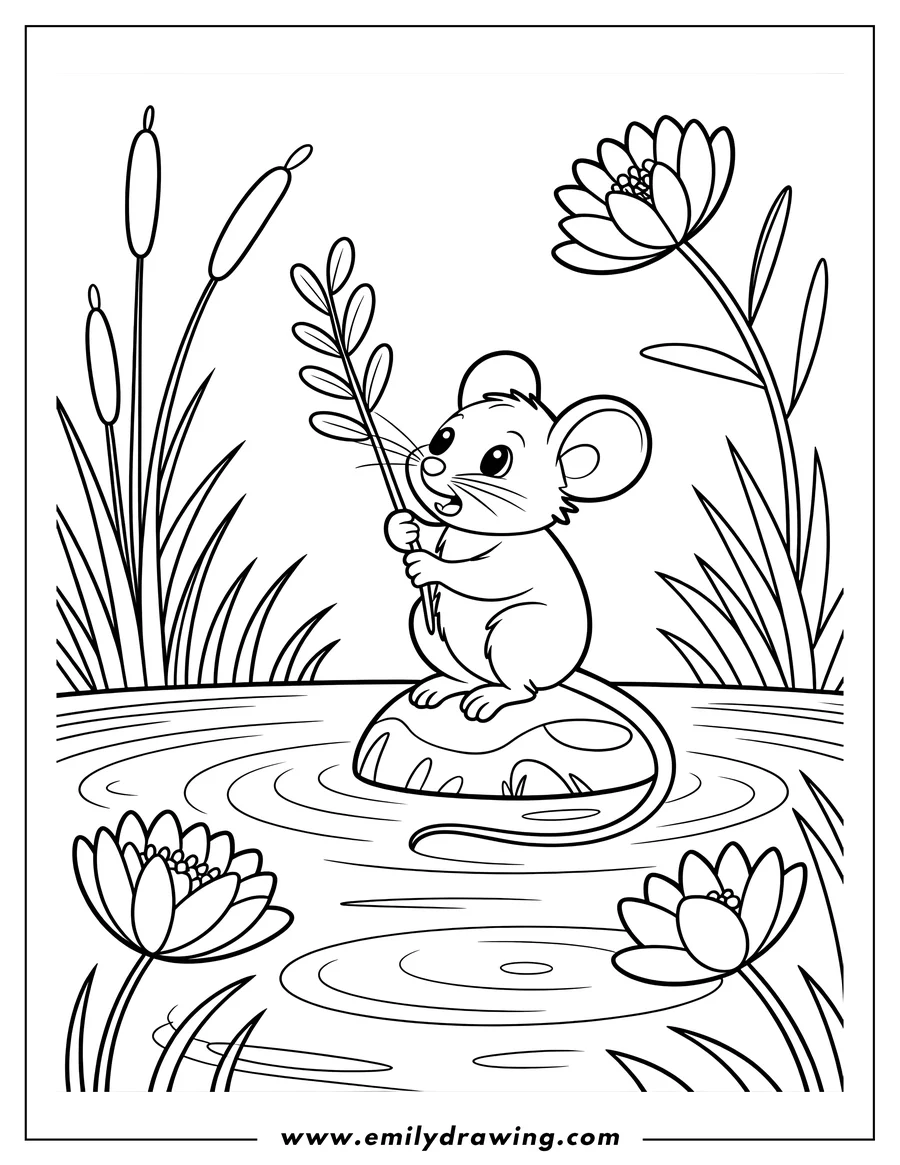 Outline of a mouse sitting on a rock in a pond, holding a leaf. Cattails and water lilies surround the rock.