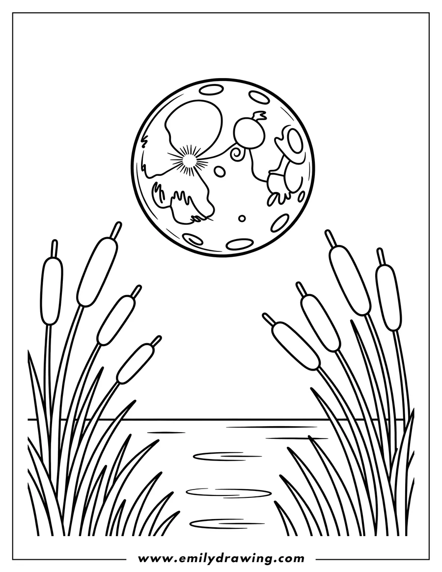 Outline of a mouse sitting on the moon, overlooking a pond with cattails.