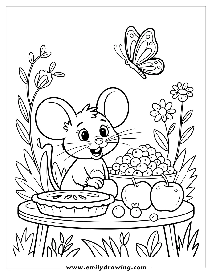 Outline of a mouse sitting at a small table with a pie, apples, and a bowl of berries. A butterfly flies above.