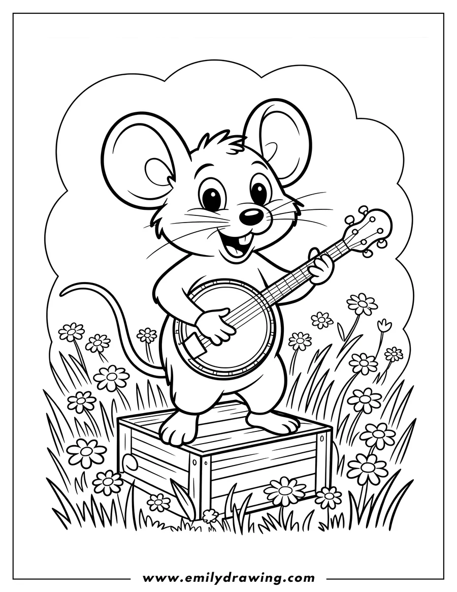 Outline of a cheerful mouse standing on a wooden box, playing a banjo in a field of flowers.