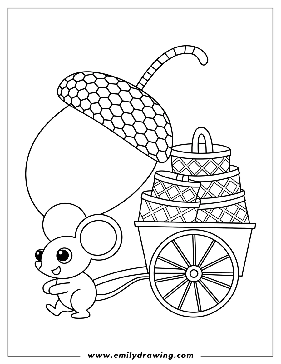 Outline of a mouse pulling a small cart loaded with acorns. The cart has a large spoked wheel and the acorns are in woven baskets.