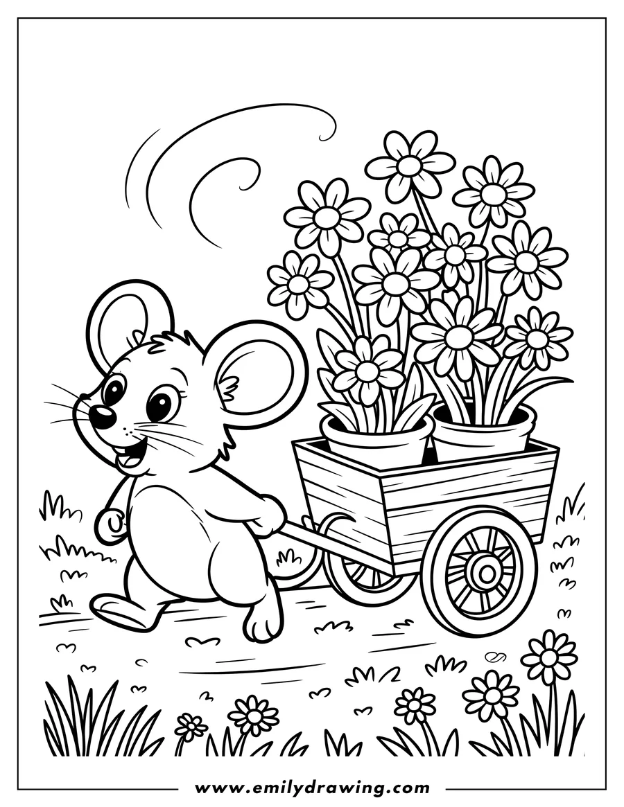 Line art of a cheerful mouse pulling a wagon filled with potted flowers in a garden setting.