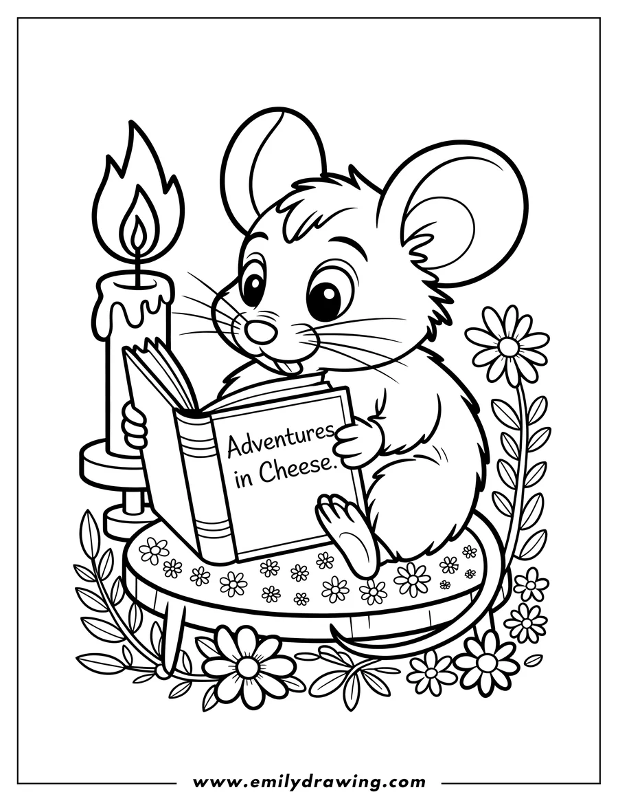 Outline of a mouse reading a book titled 'Adventures in Cheese' by candlelight, surrounded by flowers.