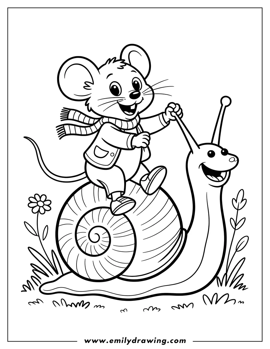 Line art of a mouse riding on a snail in the grass, with a little flower nearby.