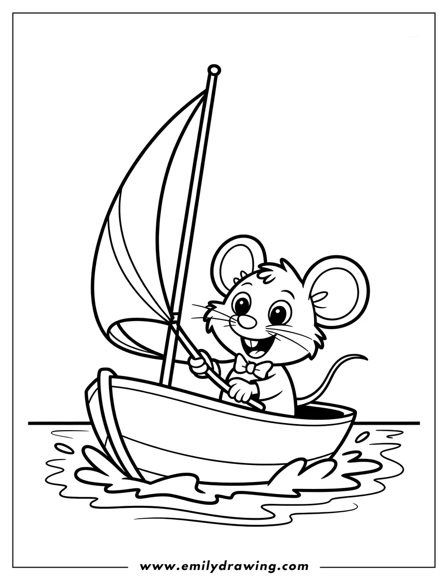 Line art of a cheerful mouse sailing in a small sailboat.
