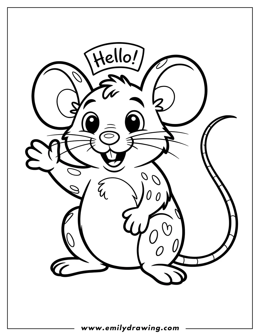 Outline of a friendly mouse waving hello with a speech bubble above it.