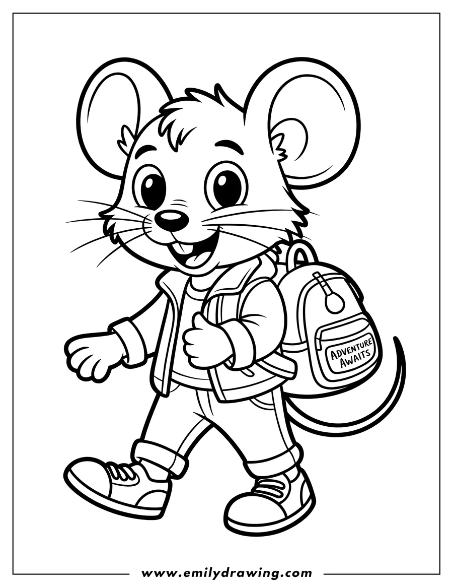 Line art of a mouse wearing a jacket, jeans, and sneakers, carrying a backpack that says 'Adventure Awaits'.
