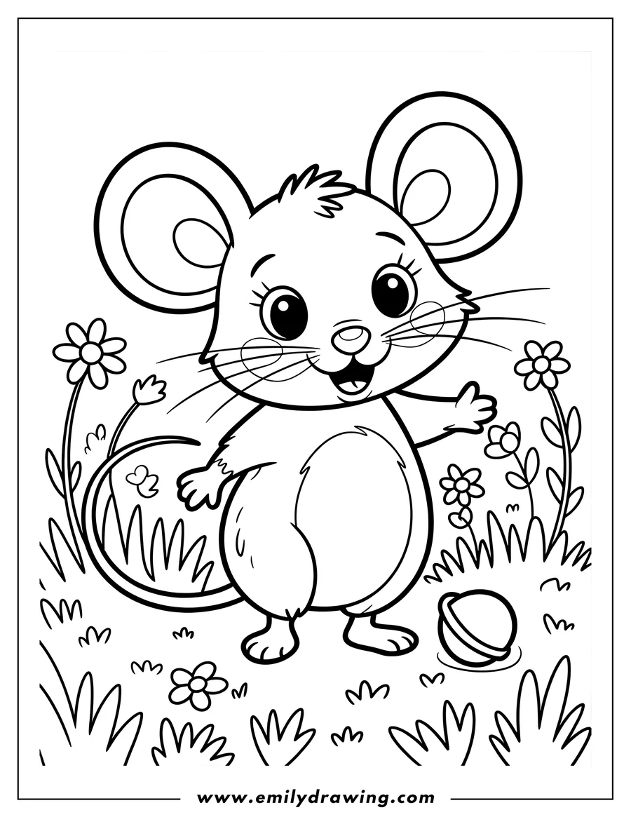 Outline of a friendly mouse standing near a ball in the grass with flowers.