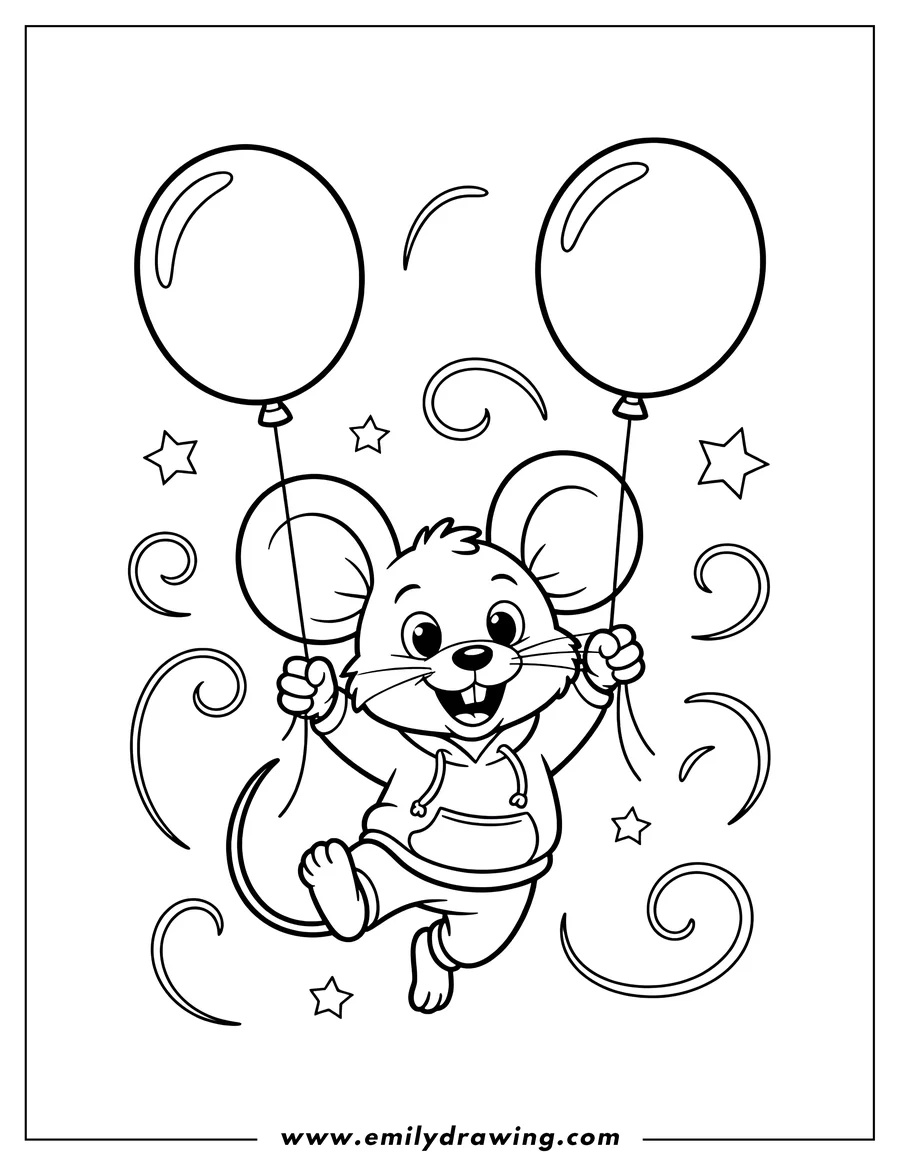 Outline of a cheerful mouse holding two balloons and floating among stars and swirls.