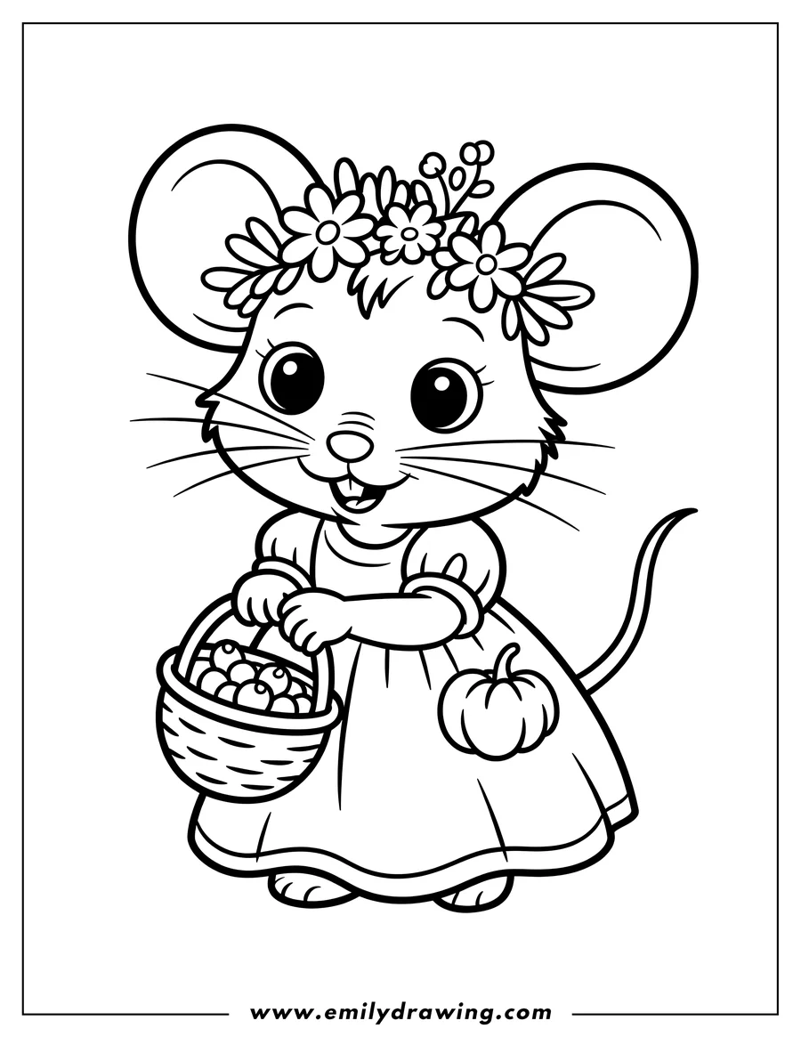 Outline of a mouse wearing a dress and flower crown, holding a basket of berries and a small pumpkin.