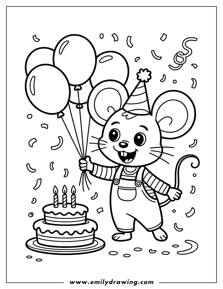 Outline of a mouse wearing overalls and a party hat, holding balloons and standing near a birthday cake with candles. Confetti is scattered around the scene.