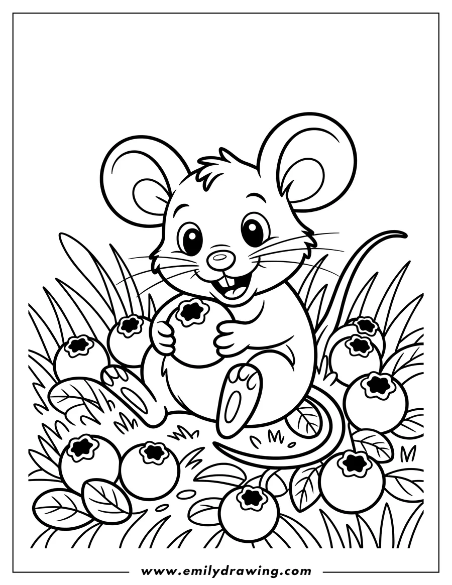 Line art of a smiling mouse sitting in grass holding a blueberry, surrounded by more blueberries.