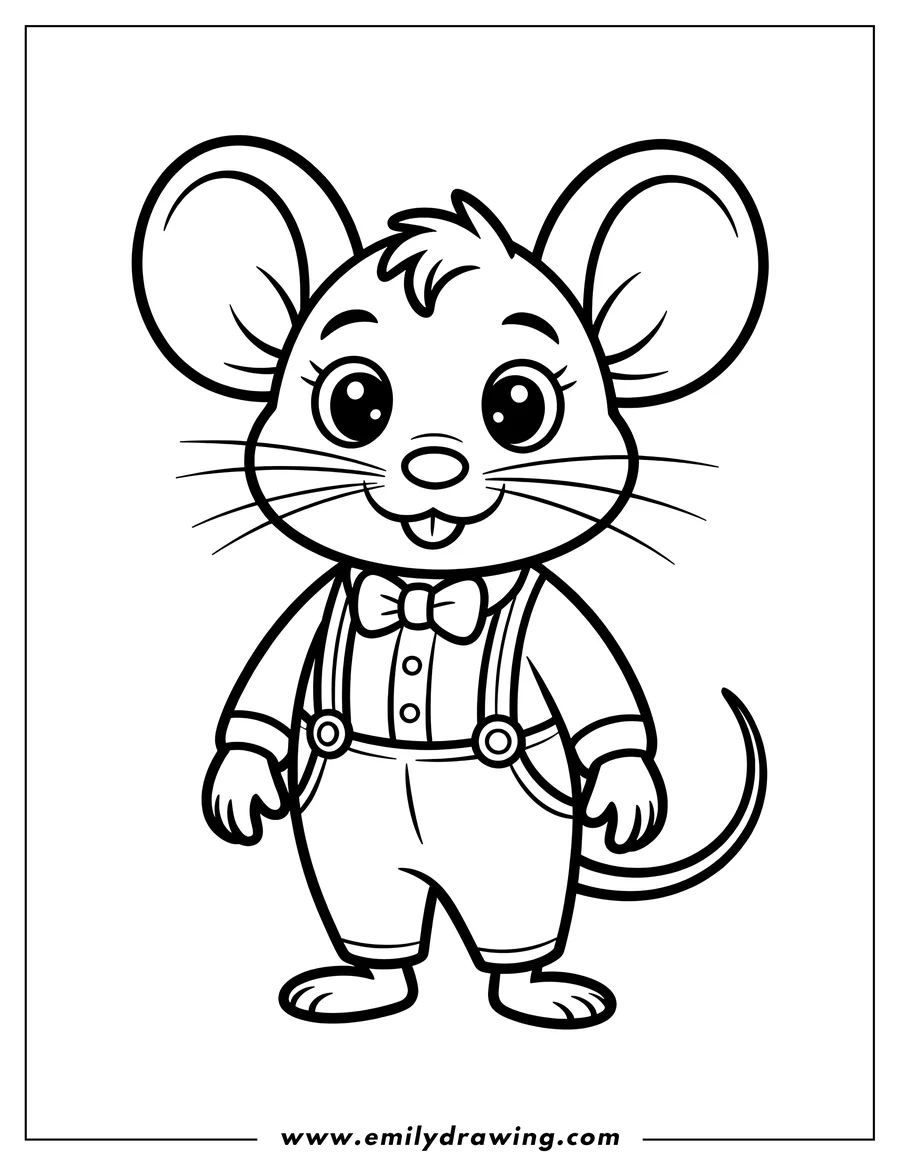 Line art of a mouse wearing a bow tie and overalls. The mouse has large ears, big eyes, and a curved tail. 