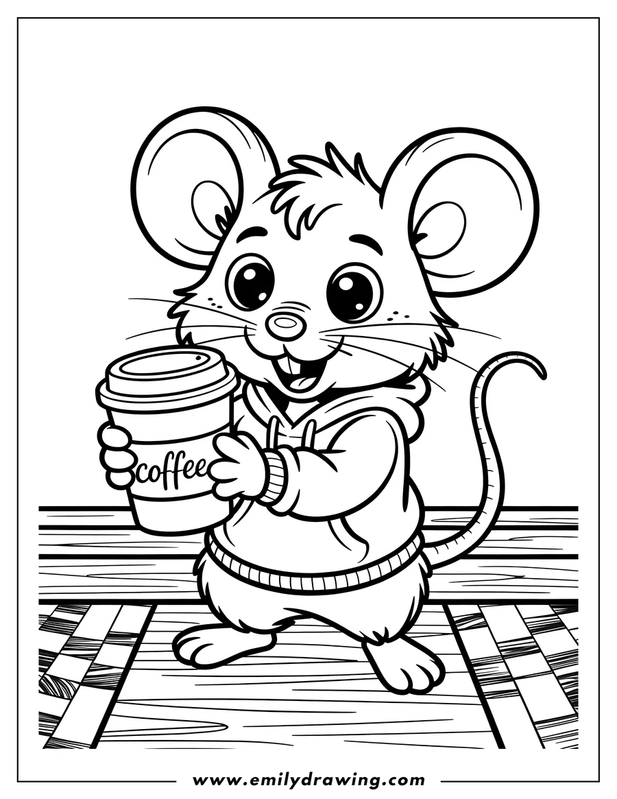 Line art of a mouse wearing a hoodie and holding a coffee cup.