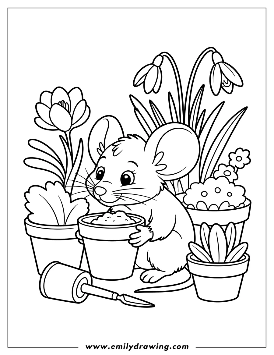 Line art of a mouse holding a flower pot surrounded by other potted plants and gardening tools.