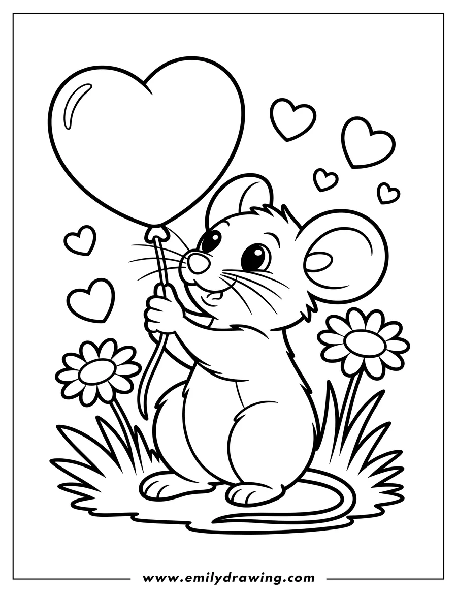Outline of a cheerful mouse holding a heart-shaped balloon, standing in a field of grass and flowers.
