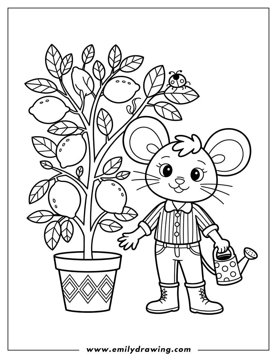 Line art of a mouse wearing overalls and boots, holding a watering can next to a potted lemon tree with a ladybug on a leaf.