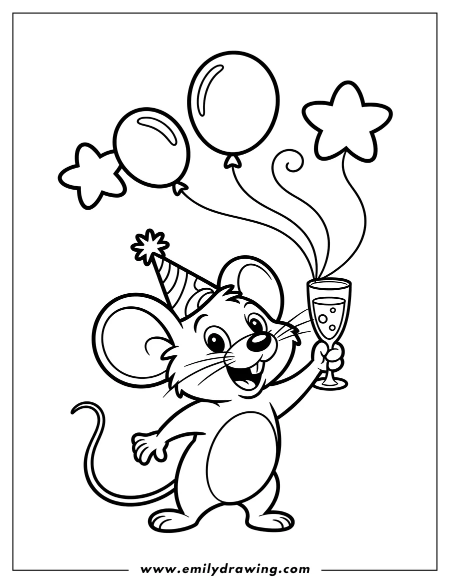 Line art of a cheerful mouse wearing a party hat, holding a drink, and surrounded by balloons and stars.