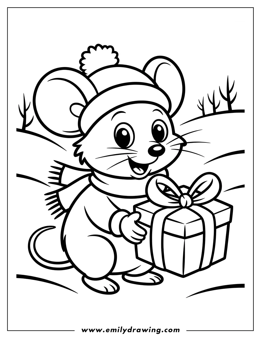 Outline of a mouse wearing a winter hat and scarf, holding a wrapped present. Bare trees and snowy ground suggest a winter setting.