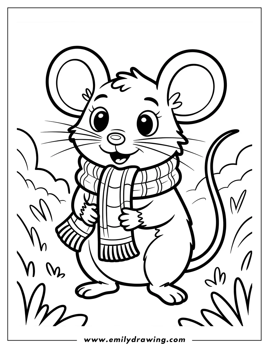 Outline of a mouse wearing a striped scarf.