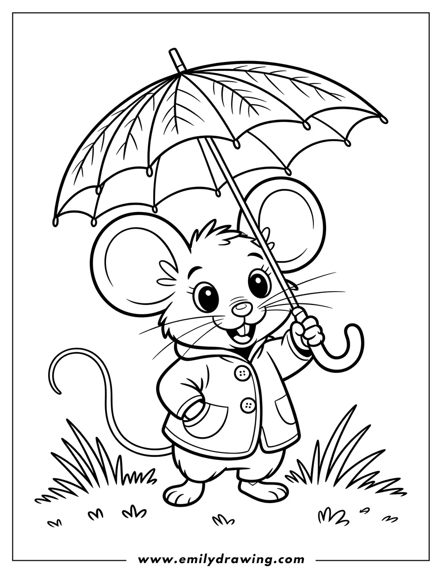 Outline of a mouse holding an umbrella, wearing a raincoat, and standing in grass.