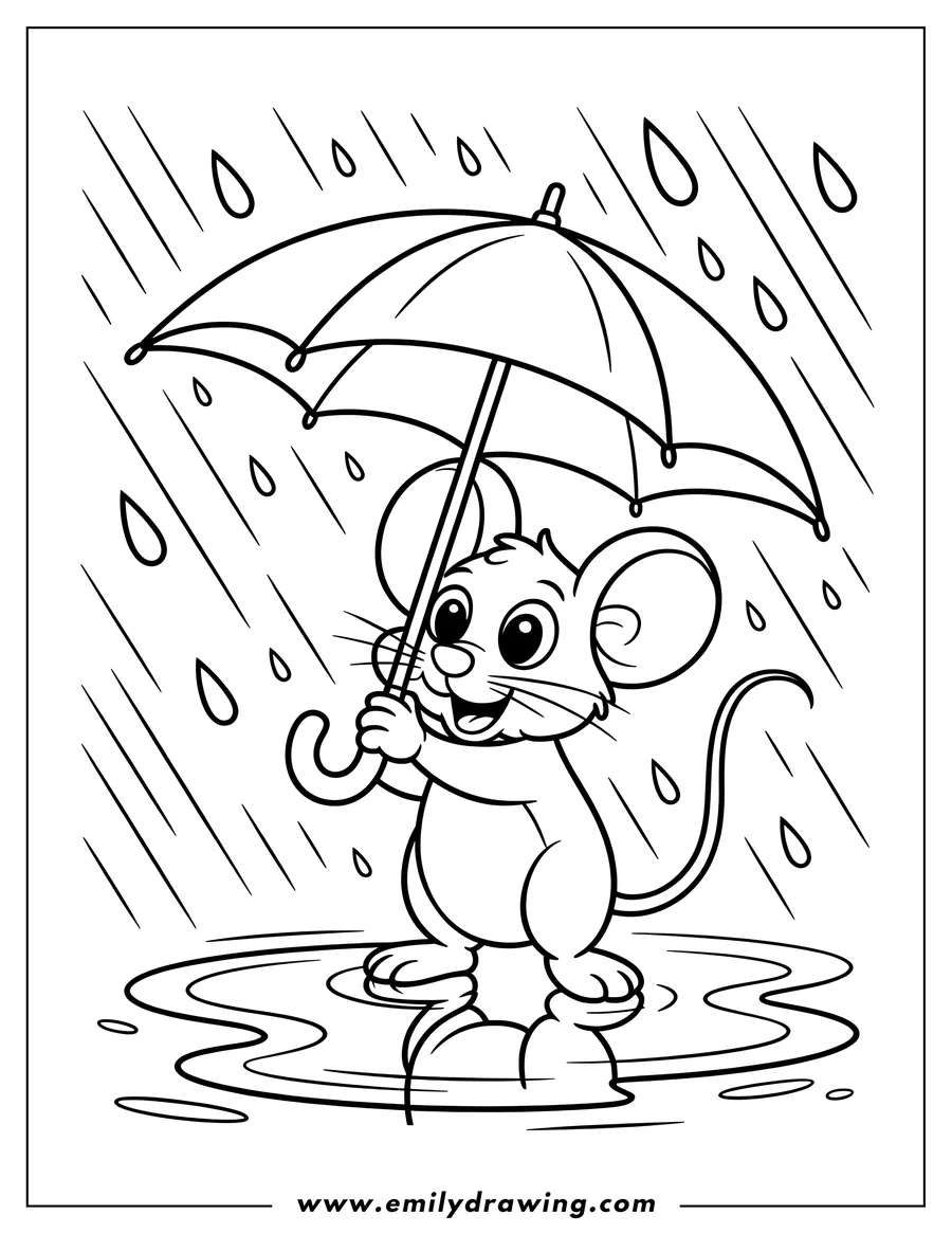 Line art of a smiling mouse holding an umbrella while standing in a puddle during rainfall.