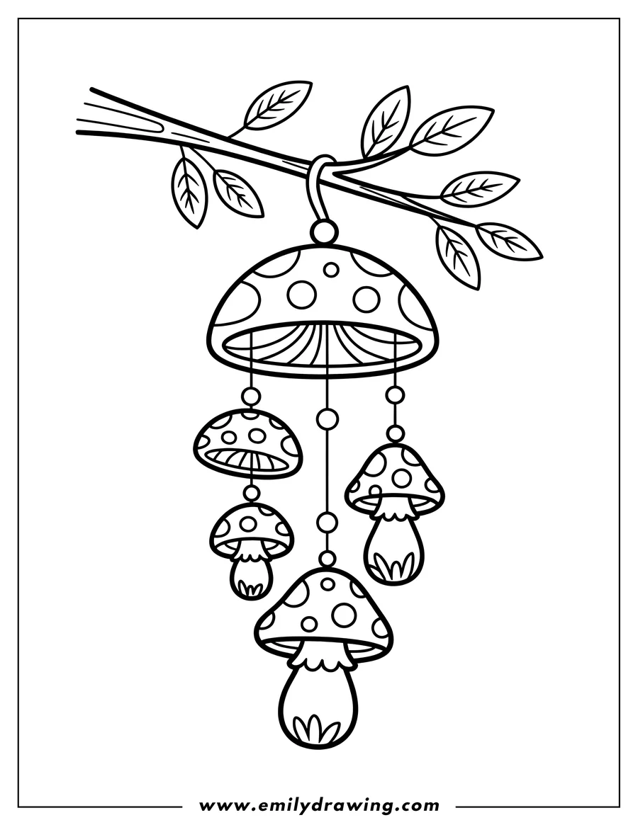 Line art of a mushroom wind chime hanging from a tree branch. The mushrooms have spotted caps and decorative patterns.
